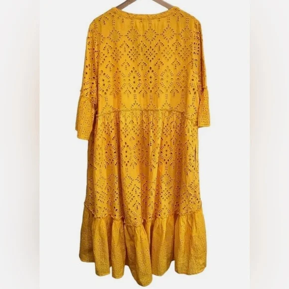 Sundance Selma Yellow Embroidered Eyelet Peasant Dress Midi - Picture 3 of 8